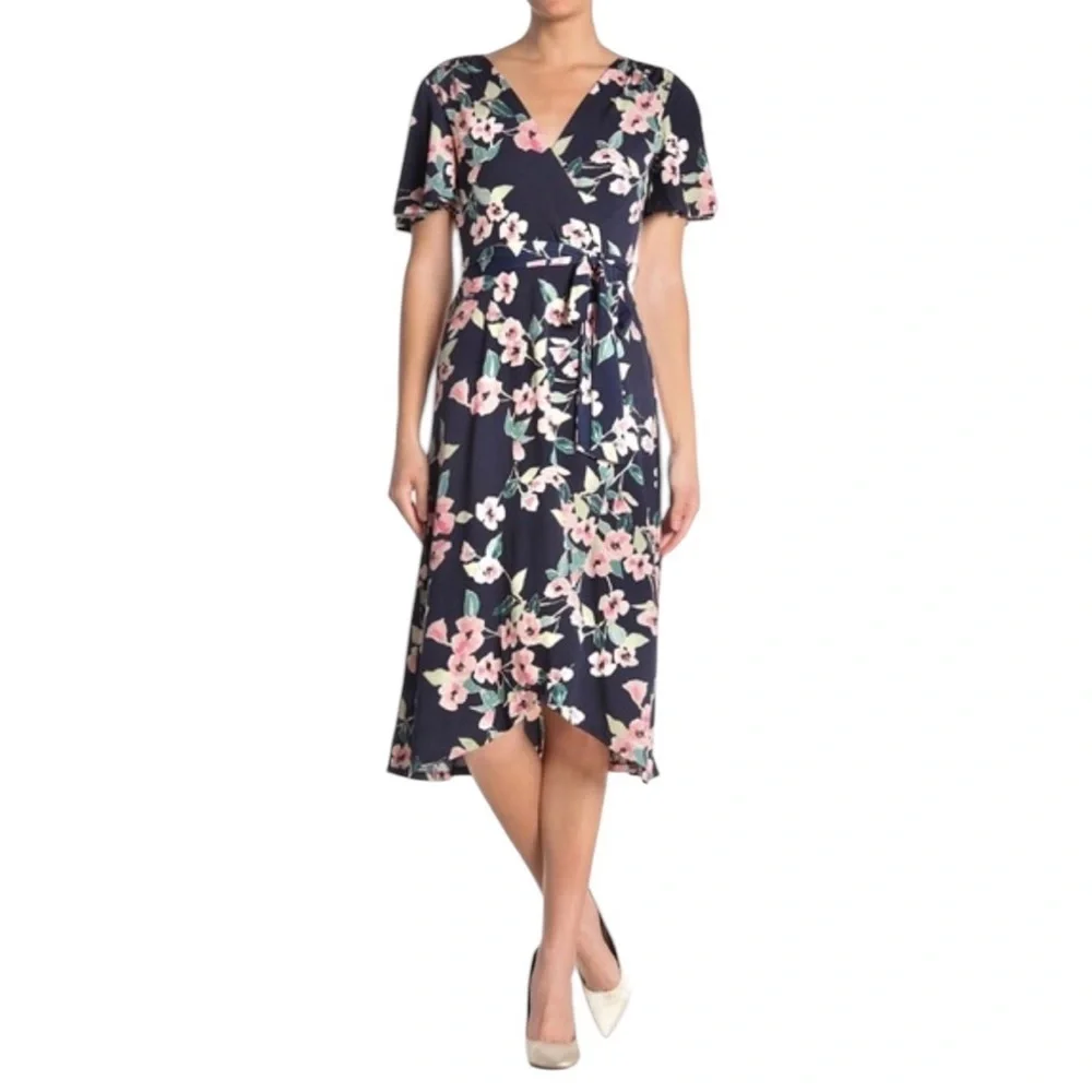 NEW ELIZA J Ditsy Floral Faux Wrap Dress Jersey Knit 12 Surplice Neck Belted